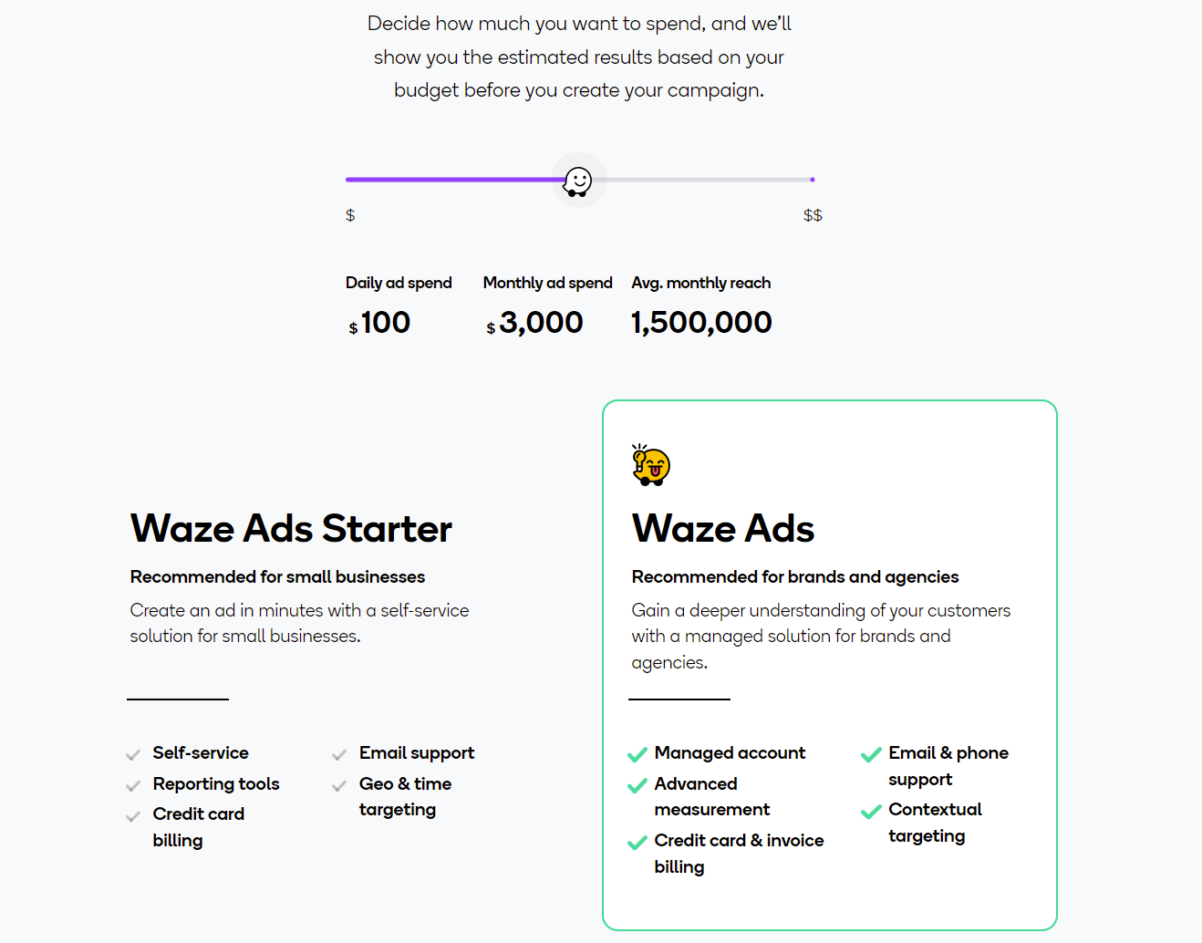 Kétféle Waze hirdetési magoldásból választhatunk: Waze Ads Starter – kisebb hirdetőknek vagy Waze Ads – márkáknak és ügynökségeknek